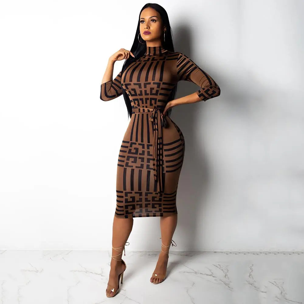 Women Sexy Turtleneck Short Sleeve Print Bodycon Midi Dress Female Elegant High Elastic Night Club Pencil Dresses With Sashes Women Sexy Turtleneck Short Sleeve Print Bodycon Midi Dress Female Elegant High Elastic Night Club Pencil Dresses With Sashes